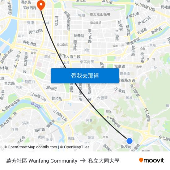 萬芳社區 Wanfang Community to 私立大同大學 map