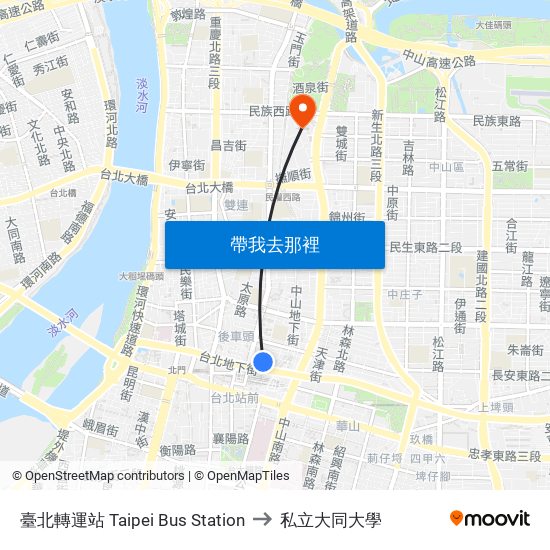 臺北轉運站 Taipei Bus Station to 私立大同大學 map