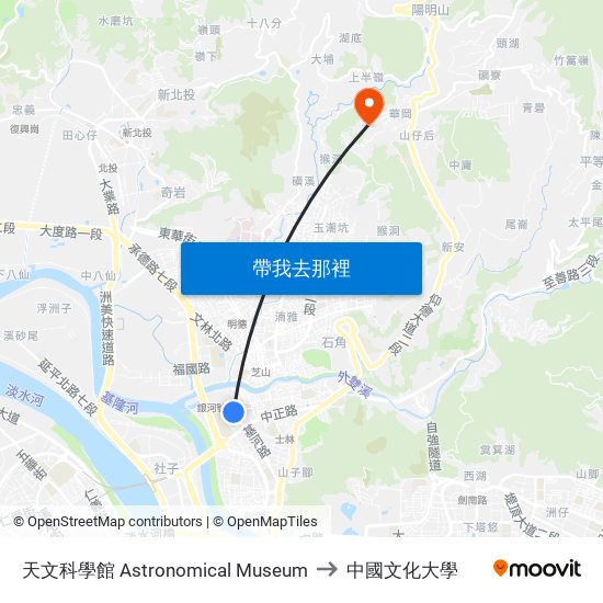 天文科學館 Astronomical Museum to 中國文化大學 map