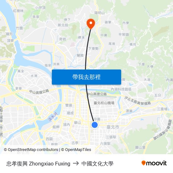 忠孝復興 Zhongxiao Fuxing to 中國文化大學 map