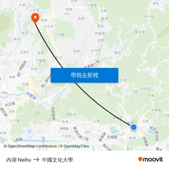 內湖 Neihu to 中國文化大學 map