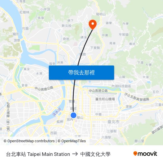 台北車站 Taipei Main Station to 中國文化大學 map