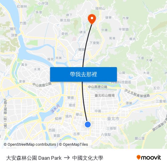大安森林公園 Daan Park to 中國文化大學 map