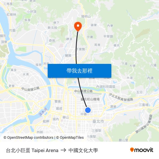 台北小巨蛋 Taipei Arena to 中國文化大學 map