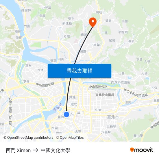 西門 Ximen to 中國文化大學 map