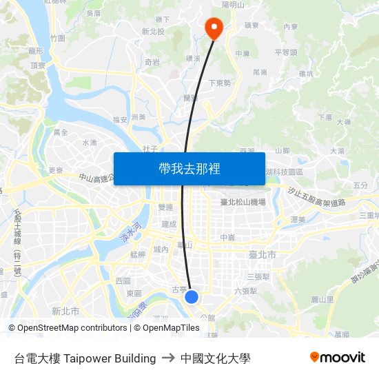 台電大樓 Taipower Building to 中國文化大學 map