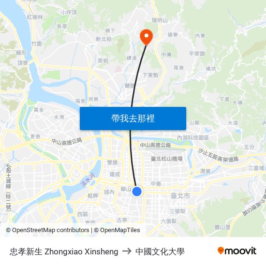忠孝新生 Zhongxiao Xinsheng to 中國文化大學 map