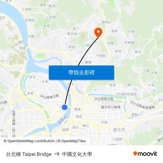 台北橋 Taipei Bridge to 中國文化大學 map