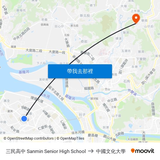 三民高中 Sanmin Senior High School to 中國文化大學 map