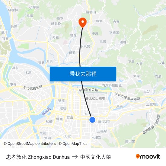 忠孝敦化 Zhongxiao Dunhua to 中國文化大學 map