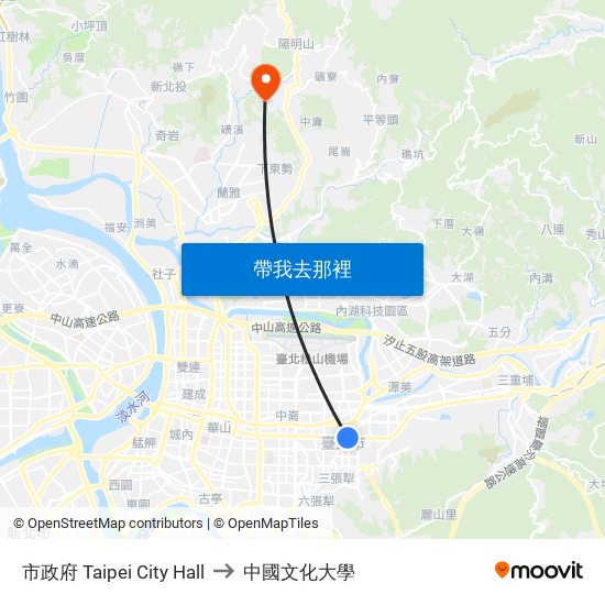 市政府 Taipei City Hall to 中國文化大學 map