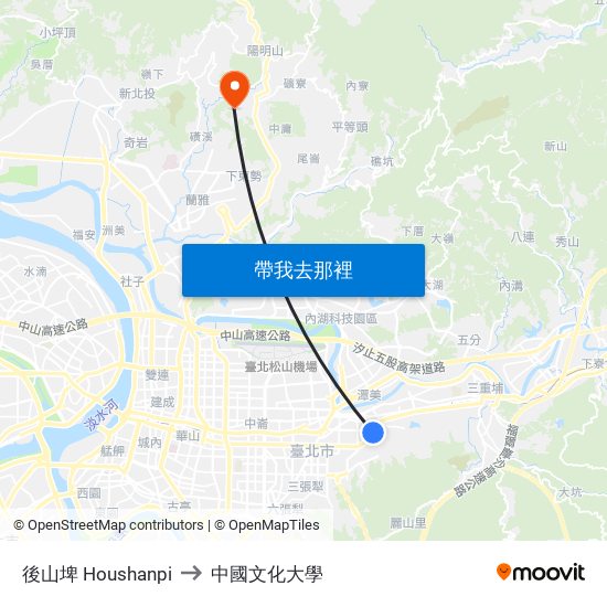 後山埤 Houshanpi to 中國文化大學 map
