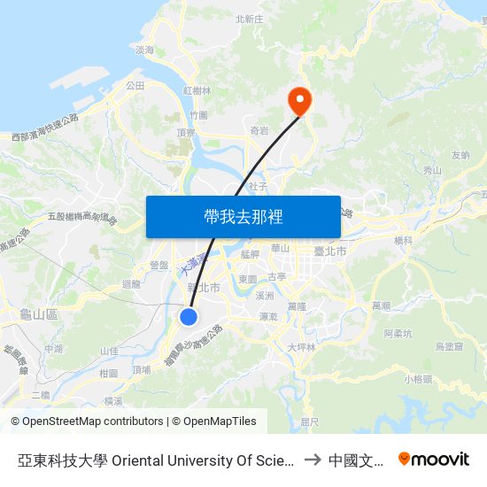 亞東科技大學 Oriental University Of Science And Technology to 中國文化大學 map