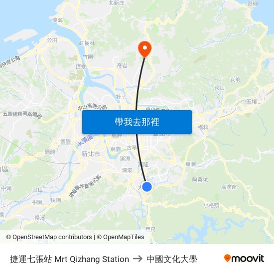 捷運七張站 Mrt Qizhang Station to 中國文化大學 map