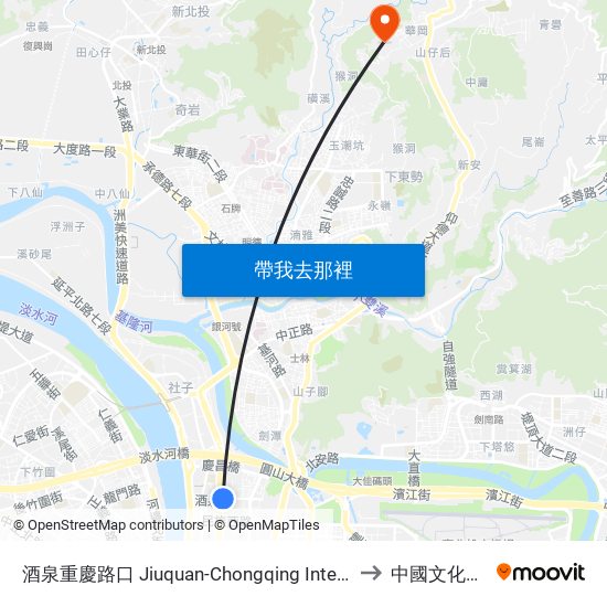 酒泉重慶路口 Jiuquan-Chongqing Intersection to 中國文化大學 map