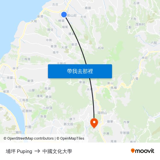 埔坪 Puping to 中國文化大學 map
