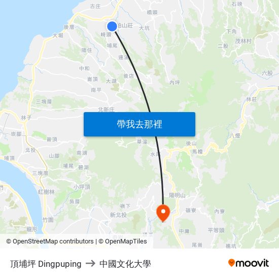 頂埔坪 Dingpuping to 中國文化大學 map