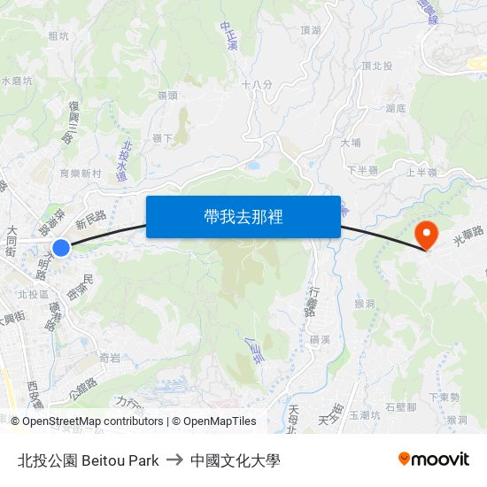 北投公園 Beitou Park to 中國文化大學 map