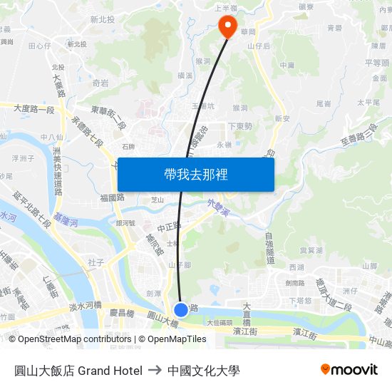 圓山大飯店 Grand Hotel to 中國文化大學 map