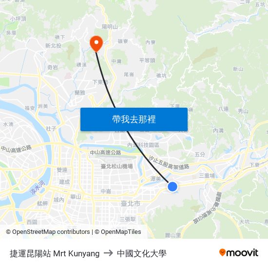 捷運昆陽站 Mrt Kunyang to 中國文化大學 map