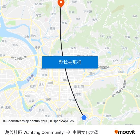 萬芳社區 Wanfang Community to 中國文化大學 map