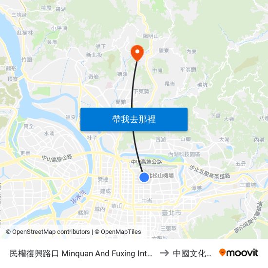 民權復興路口 Minquan And Fuxing Intersection to 中國文化大學 map