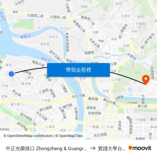 中正光榮路口 Zhongzheng & Guangrong Intersection to 實踐大學台北校區 map