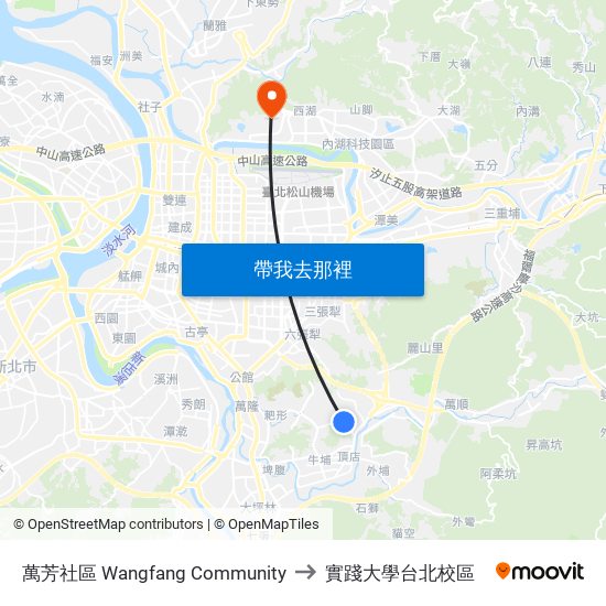 萬芳社區 Wangfang Community to 實踐大學台北校區 map