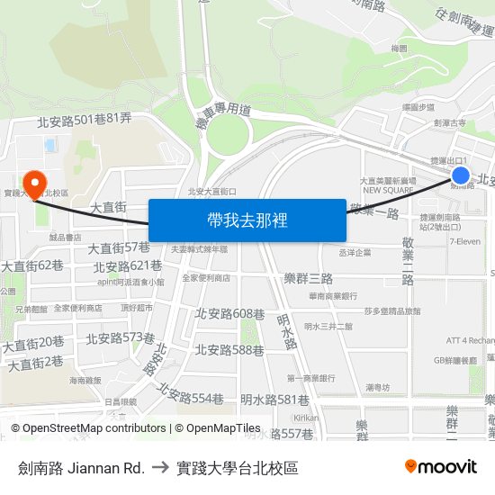 劍南路 Jiannan Rd. to 實踐大學台北校區 map