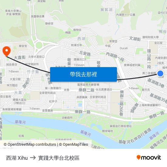 西湖 Xihu to 實踐大學台北校區 map