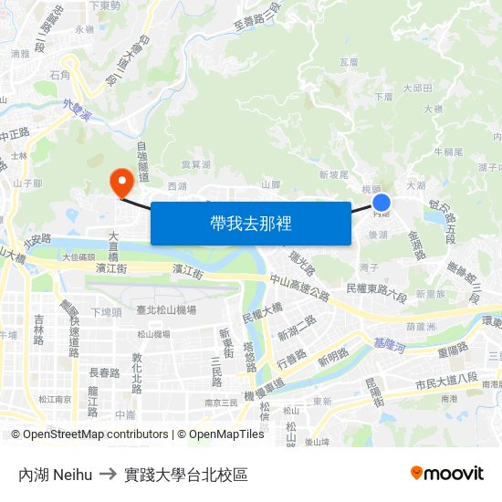 內湖 Neihu to 實踐大學台北校區 map