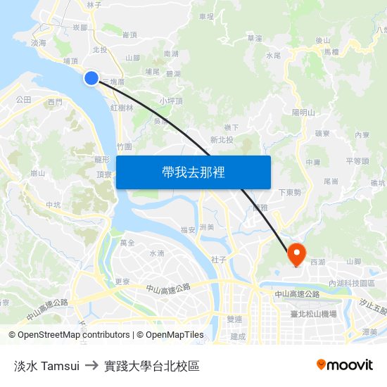 淡水 Tamsui to 實踐大學台北校區 map