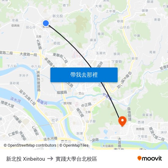新北投 Xinbeitou to 實踐大學台北校區 map