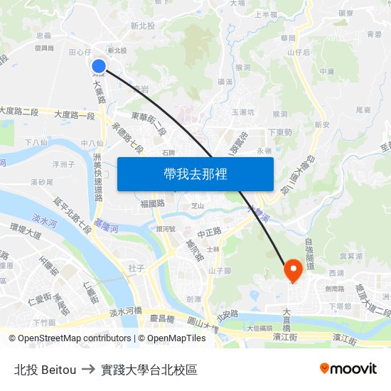 北投 Beitou to 實踐大學台北校區 map