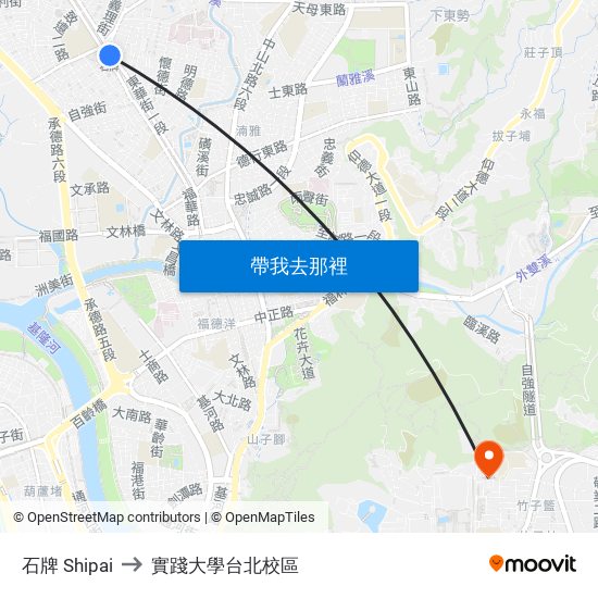石牌 Shipai to 實踐大學台北校區 map
