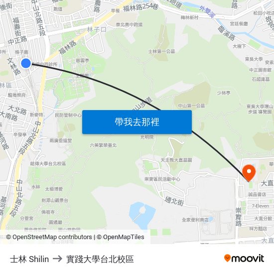 士林 Shilin to 實踐大學台北校區 map