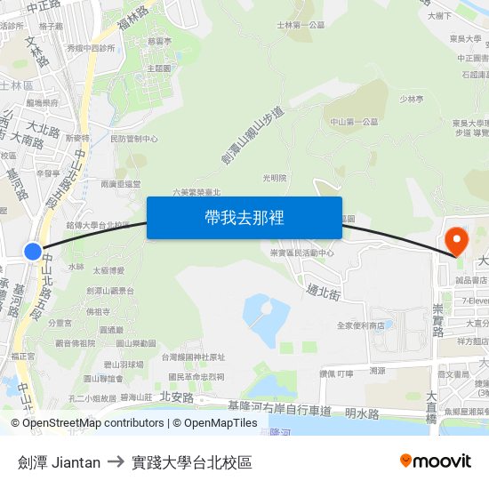劍潭 Jiantan to 實踐大學台北校區 map