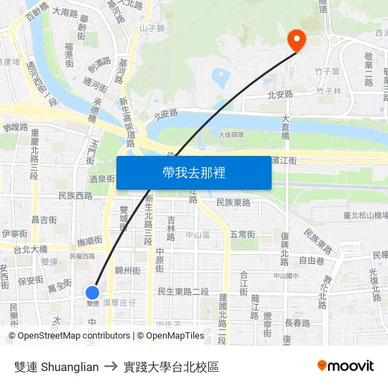 雙連 Shuanglian to 實踐大學台北校區 map