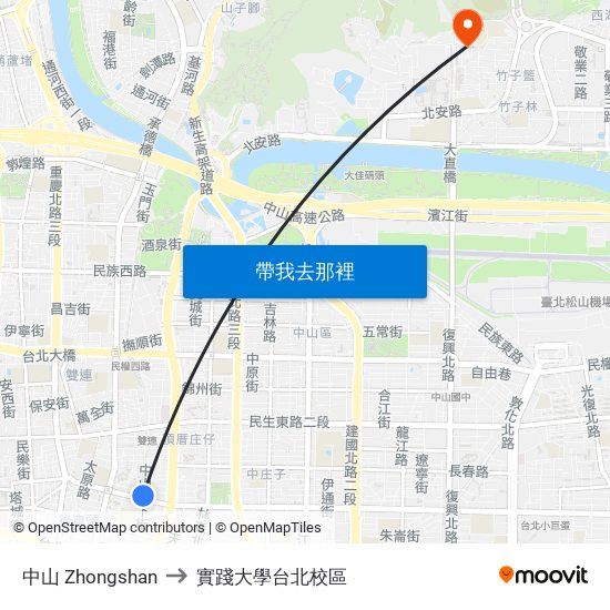 中山 Zhongshan to 實踐大學台北校區 map