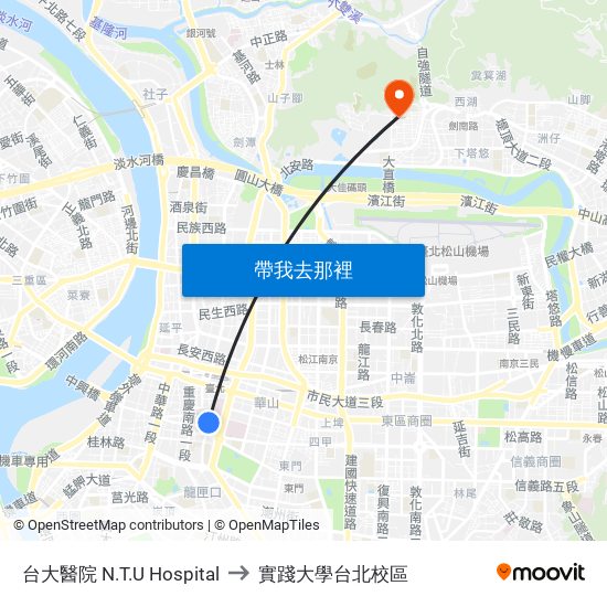 台大醫院 N.T.U Hospital to 實踐大學台北校區 map