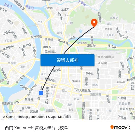 西門 Ximen to 實踐大學台北校區 map