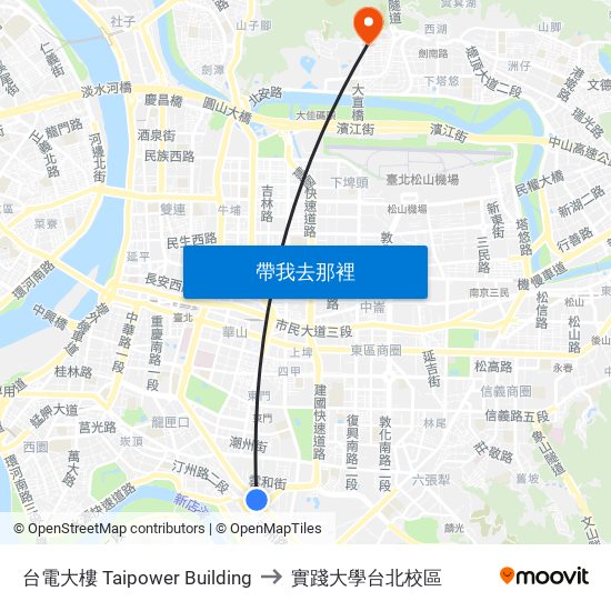台電大樓 Taipower Building to 實踐大學台北校區 map