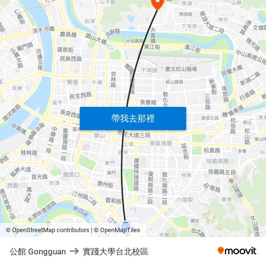 公館 Gongguan to 實踐大學台北校區 map