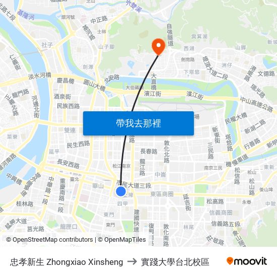 忠孝新生 Zhongxiao Xinsheng to 實踐大學台北校區 map