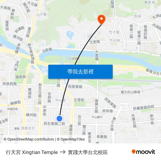 行天宮 Xingtian Temple to 實踐大學台北校區 map