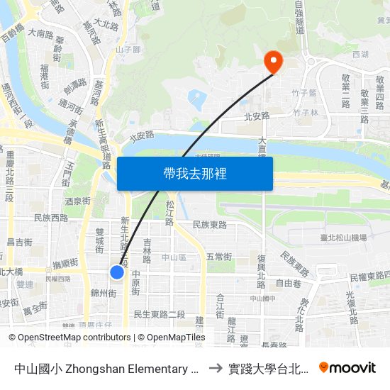 中山國小 Zhongshan Elementary School to 實踐大學台北校區 map