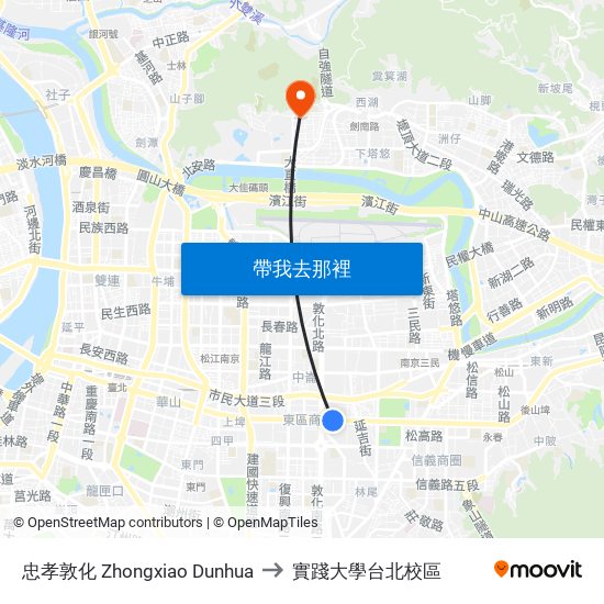 忠孝敦化 Zhongxiao Dunhua to 實踐大學台北校區 map