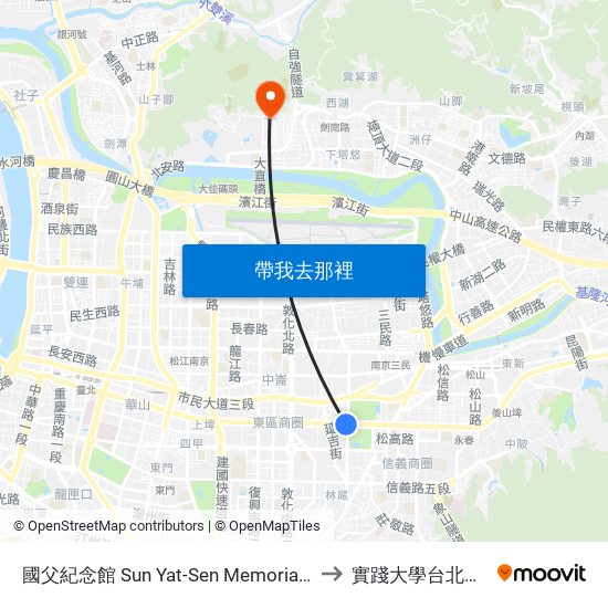 國父紀念館 Sun Yat-Sen Memorial Hall to 實踐大學台北校區 map