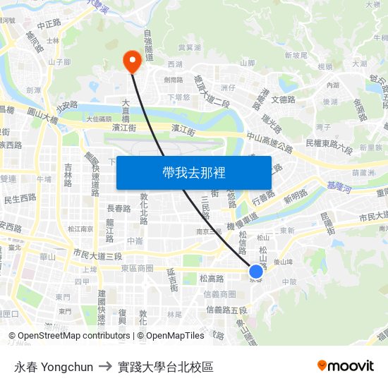 永春 Yongchun to 實踐大學台北校區 map