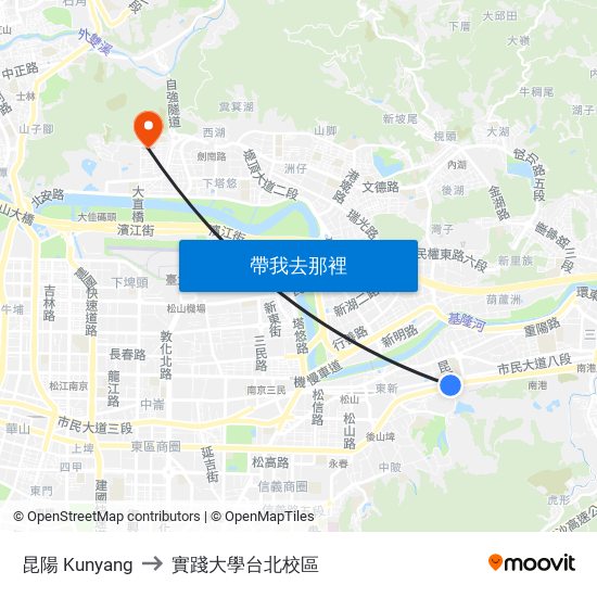 昆陽 Kunyang to 實踐大學台北校區 map